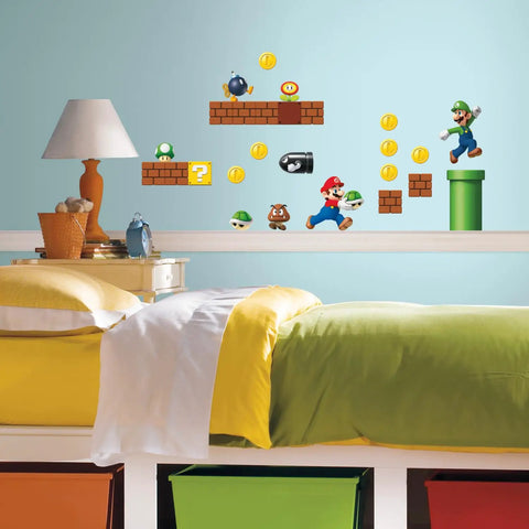 Nintendo New Super Mario Bros Build A Scene Peel And Stick Wall Decals set on a bedroom wall above the bed.