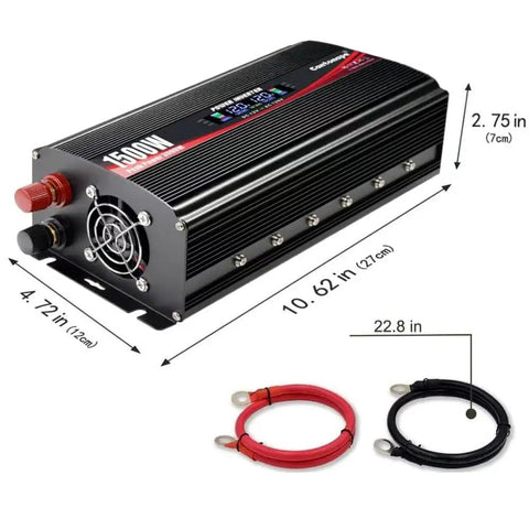 Heavy Duty 1500 Watt Power Inverter Straight Up Converts 12 V To 110 V AC For Cars Trucks And Rv Built Tough, 1500W model with dual AC outlets.