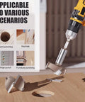 Elite Five Piece Forstner Drill Bit Set Featuring Gutsy Tungsten Carbide Tips and Heavy Duty Hex Shafts in action on wood.