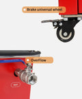 Close-up of Brake universal wheel and Overflow valve on Heavy-Duty 12 Gallon Ultrasonic Cleaner With Digital Heater Timer.