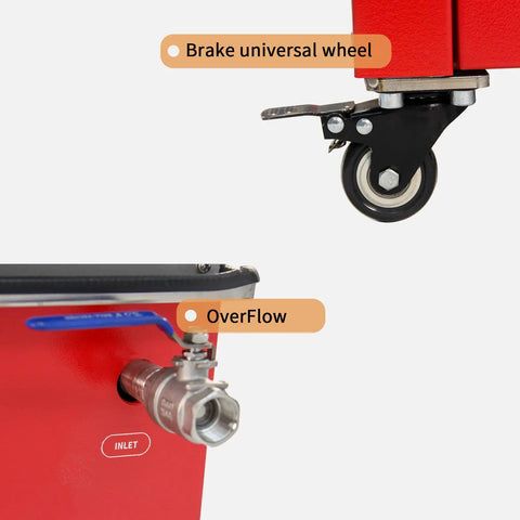 Close-up of Brake universal wheel and Overflow valve on Heavy-Duty 12 Gallon Ultrasonic Cleaner With Digital Heater Timer.