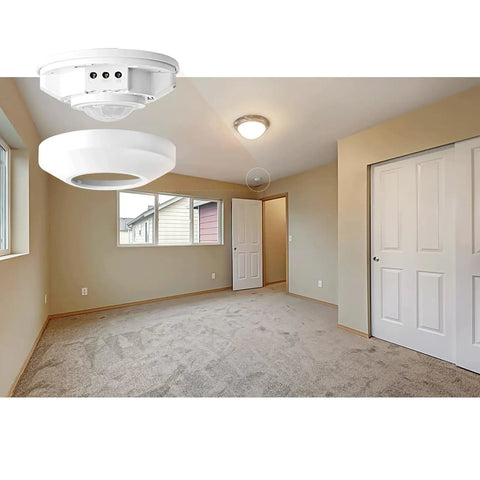 12 24V DC Ceiling Motion Sensor Switch with PIR Occupancy Detection in an empty room, 360 degree coverage, white color