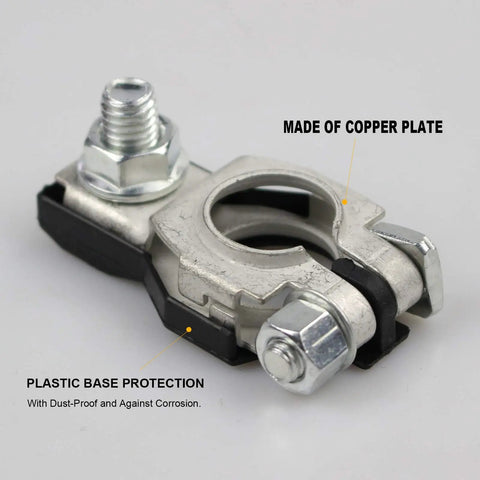 Close-up of Nissan Battery Terminals Kit with red positive, black negative connectors, copper plate and durable plastic cover.
