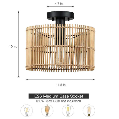 Boho Hand Woven Rattan 1 Light Semi Flush Mount Ceiling Light For Hallways Entryways And Bedrooms, 11.8 Inch, Natural Bamboo Wicker Look