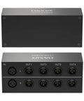 Four-Way Balanced XLR Stereo Splitter Box Passive Audio Distributor featuring 1 input and 4 outputs, front and back view of ports.