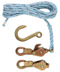 Beefy Heavy Duty Block And Tackle System with snubbing hooks, aluminum sheaves, bronze bushings, and rope in coiled arrangement.
