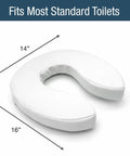 Raised Toilet Seat Cushion Riser With 2 Inch Pad And White Cover shown with dimensions, fits most standard toilets.
