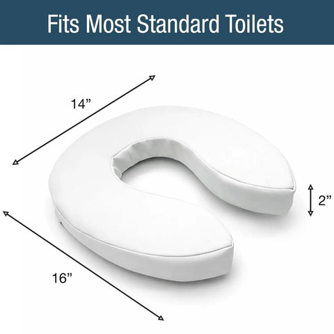 Raised Toilet Seat Cushion Riser With 2 Inch Pad And White Cover shown with dimensions, fits most standard toilets.