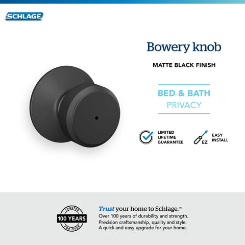 Bowery Matte Black Privacy Door Knob for Bedroom and Bath Lock with Inside Push Button Release Outside Pin Key Emergency Access Easy Self Aligning Installation and Durable Construction displayed with packaging details.