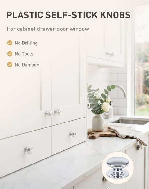 Six Pack Peel And Stick Cabinet Knobs With Adhesive Silver Plastic Drawer Handles on white kitchen cabinet
