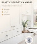 Ten Pack Peel And Stick Cabinet Knobs Silver Self Adhesive Drawer Handles No Drill Renter Friendly Cupboard Pulls display in a kitchen.
