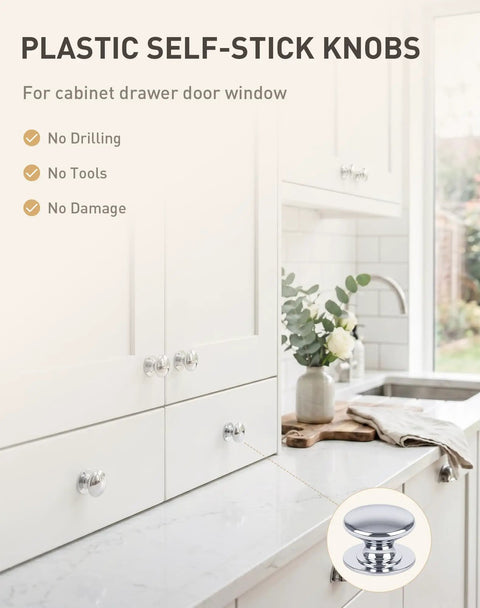Ten Pack Peel And Stick Cabinet Knobs Silver Self Adhesive Drawer Handles No Drill Renter Friendly Cupboard Pulls display in a kitchen.