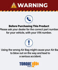 WARNING notice advising to verify VIN and part number before buying 2 Pack Cab Sleeper Air Spring Bags For Volvo Trucks Replacement 1S6-058 Goodyear 21165209 20462624 Truck Grade Lift Bags With Extended 10.8 Inch Height And 4.1 Inch Collapse Leak Tested For Smoother Ride.