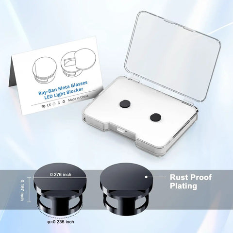2 Pack LED Light Blocking Covers For Meta Smart Glasses in clear case with size details, Privacy Shield for Camera, Blackout Light Covers