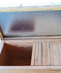 Heavy Duty Insulated Layens Horizontal Beehive With One Point Five Inch Foam Walls Holds Twenty Frames No Sweat Assembly Aluminum Roof open showing double walled interior.