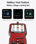 Pro OBD2 Scanner Code Reader With Battery Tester showcasing battery voltage cranking test and display features.