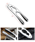 Stainless Steel Nutcracker Seafood Sheller With Dual Diameter Crushing Cones, close-up of non-slip handle and size dimensions
