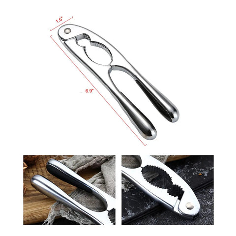 Stainless Steel Nutcracker Seafood Sheller With Dual Diameter Crushing Cones, close-up of non-slip handle and size dimensions