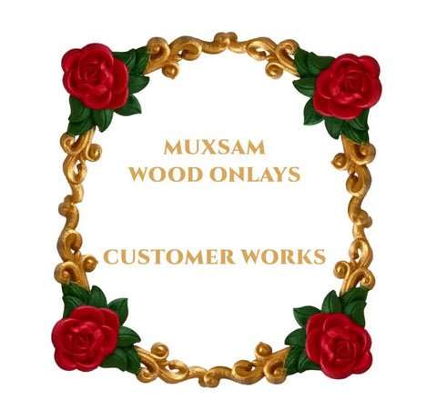 Premium Wood Carved Appliques And Onlays Four Piece Set Of Unpainted Rose Corner Decals with vibrant red roses.