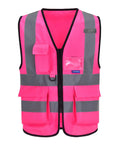 Dope Bright Pink Hi Vis Reflective Safety Vest With Front Zipper And Radio Mic Loop Lightweight Polyester Workgear Built Tough And Ready For The Daily Grind front view with multiple pockets and reflective stripes.