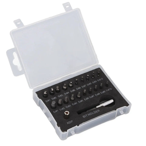 Get Your Hands On This 22-Piece Broken Bolt Remover Kit Made From Tough High-Speed Steel To Easily Extract Stuck Stripped Screws And Nuts With Built-In Drill Bit Holders For Serious Home And Auto Jobs., 22-piece HSS broken bolt remover kit in plastic case with bit holder