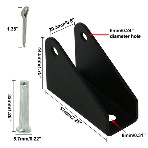 Mounting brackets for linear actuator, black heavy-duty steel, 2-piece set, front view.
