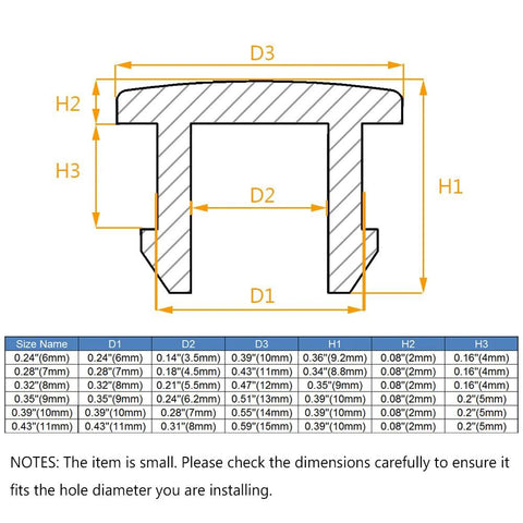 Diagram of dimensions for Premium Silicone Rubber Hole Plugs For 8mm Diameter Holes Waterproof Sealing Plugs with chart.