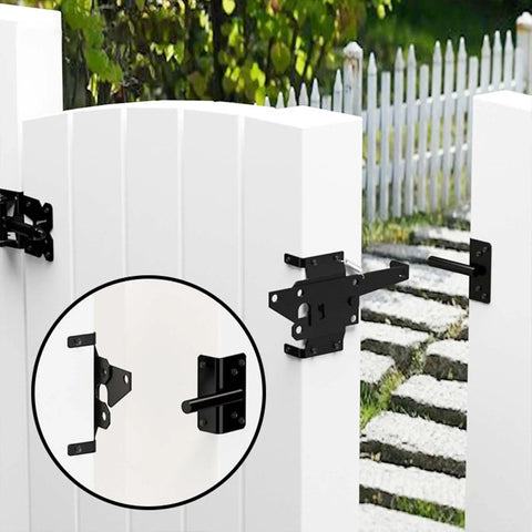 Sturdy Self Closing Fence Gate Hinge Kit For Wood Fences And Outdoor Gates Beefy Heavy Duty Adjustable Hardware With Screws Carbon Steel Keeps Your Gate Aligned And Swinging Smoothly, black self-closing hinge on white wood gate