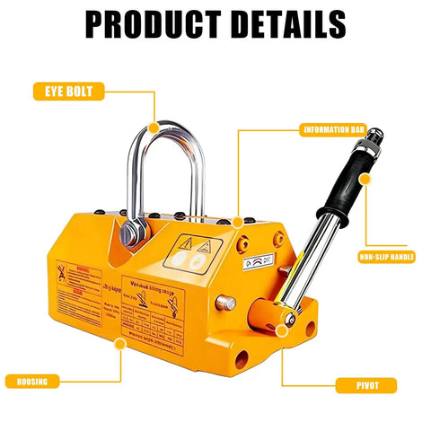 Straight Up Industrial Grade Heavy Duty N50 Neodymium Lifting Magnet showing eye bolt, information bar, non-slip handle, and pivot.