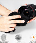 Microfiber cleaning cloth for camera lenses (black) used on a Canon lens