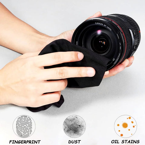 Microfiber cleaning cloth for camera lenses (black) used on a Canon lens