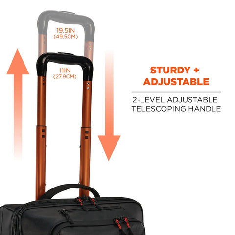 Soft Sided Rolling Carry-On Bag That Expands Up To 1.5 Inches For 42 Liter Capacity, showing telescoping handle adjustment