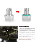 Ditch That Leaky Oil Pan With This Massive Oversize Piggyback Stainless Steel Self Tapping Thread Repair Kit For Your Car Featuring M104 To M18 Sizes And A Secure O Ring Seal To Stop Any Dreaded Drips Once And For All While Saving You A Boatload On. M14.1x1.5 stainless steel oil drain plug with O-ring, front and side view