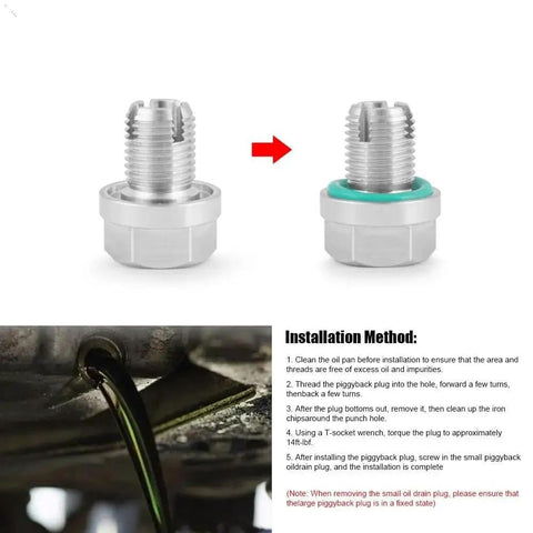 Ditch That Leaky Oil Pan With This Massive Oversize Piggyback Stainless Steel Self Tapping Thread Repair Kit For Your Car Featuring M104 To M18 Sizes And A Secure O Ring Seal To Stop Any Dreaded Drips Once And For All While Saving You A Boatload On. M14.1x1.5 stainless steel oil drain plug with O-ring, front and side view