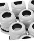 Close-up of Weatherproof M32 Cable Gland Connector Set 10 Pack with rotating threaded locking heads for outdoor wiring