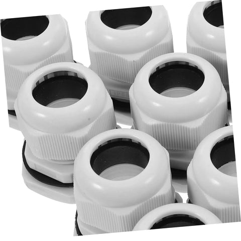 Close-up of Weatherproof M32 Cable Gland Connector Set 10 Pack with rotating threaded locking heads for outdoor wiring