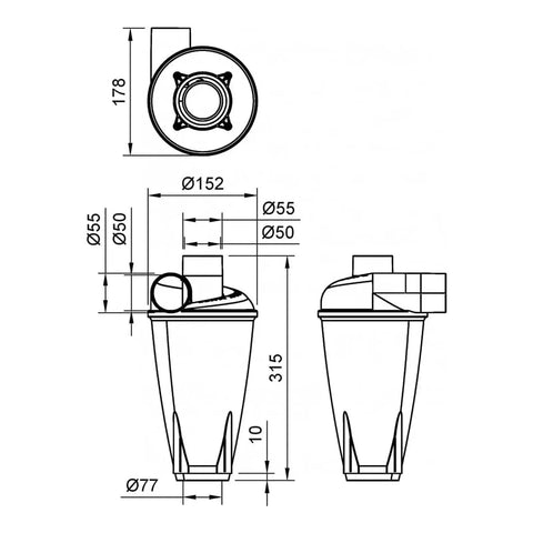 Heavy Duty Dust Cyclone Collector With Turbocharged Separator And Robust Dual Filter System For Industrial Woodworking Shops dimensions illustration