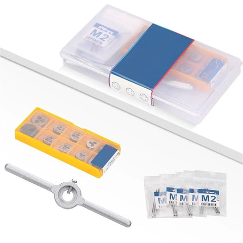 Kickstart Your DIY Projects With This Slick 31 Piece Metric Tap Die Set Including All Sizes From M1 To M2.5 Plus Handy T-Wrench For Serious Thread Cutting And Repair Work You Can Trust. Metric tap die set in plastic cases with T-wrench and M1-M2.5 dies