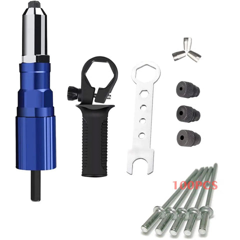 Beast Pro Grade Cordless Electric Rivet Gun Adapter Kit with 3 claw head, 4 rivet heads, plastic handle, 100 blind rivets.