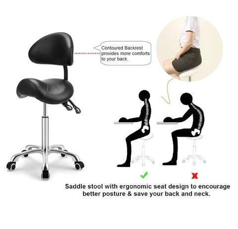 Saddle Stool On Wheels With Backrest Rolling Height Adjustable Ergonomic Saddle Chair for salons and spas, promotes posture.