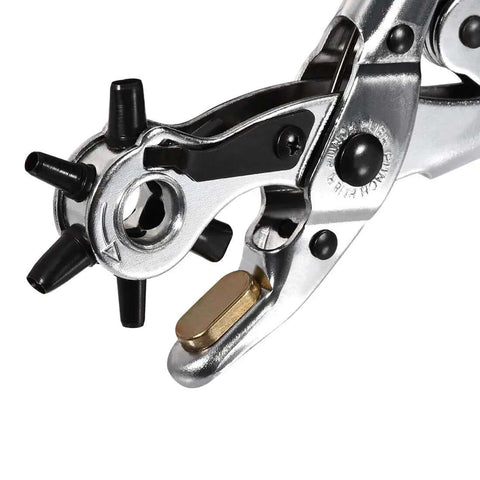 Close-up of Heavy Duty Leather Hole Punch Tool 3 In 1 with rotating punch head showcasing 6 hole sizes, 250mm steel durability.