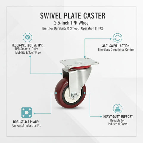 Badass Swivel Plate Caster With Two Point Five Inch TPR Wheel And 4X4 Mounting Base for smooth rolling industrial carts.