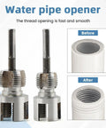 3 In 1 Pipe Threader Kit With Internal And External Threading Screw Extractor And Sealant Tape For One Half Inch And Three Quarter Inch PVC Pipes Electric Drill Compatible Plumbing DIY Tool For Home Improvement shown with threading results before and after