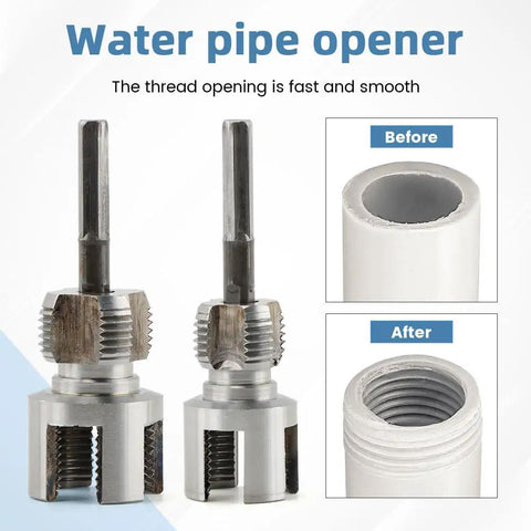Pro 3-In-1 Pipe Threader Kit With Screw Extractor And Sealant Tape Electric Drill Compatible For 1/2 Plus 3/4 Inch Pvc Plumbing Jobs Heavy Duty Alloy Construction For Pros And Diy Enthusiasts Silver, showing water pipe opener tool with before and after comparison.