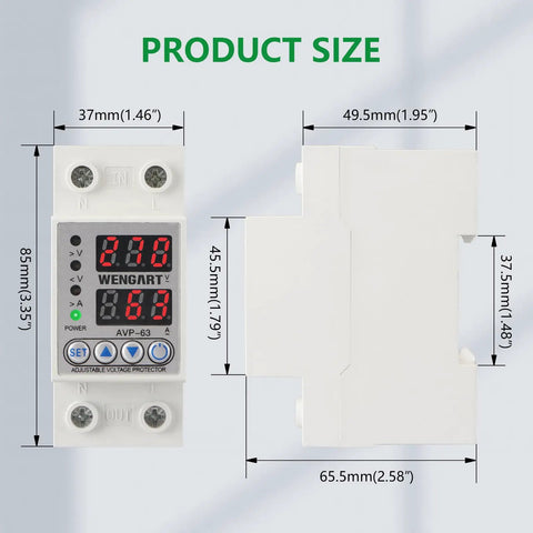 Heavy Duty Adjustable Digital Voltage Protector For AC 120v Single Phase Circuits With Over Under Relay 63a Knockout Current Shield and Dual Led Monitor Quick Snap Din Rail Mount product dimensions 85mm x 49.5mm x 37mm