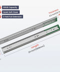 Six Pair 24 Inch Heavy Duty Side Mount Drawer Slides With Whisper Quiet Soft Close Glide showing dimensions and features.