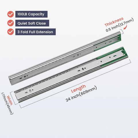 Six Pair 24 Inch Heavy Duty Side Mount Drawer Slides With Whisper Quiet Soft Close Glide showing dimensions and features.