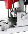 Close-up of High Caliber 120 Volt Electric Circular Saw Blade Sharpener with adjustable tilt arm, aluminum base detail.