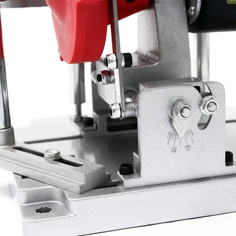 Close-up of High Caliber 120 Volt Electric Circular Saw Blade Sharpener with adjustable tilt arm, aluminum base detail.