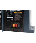 Close-up of control panel on rugged belt and disc sander combo for woodworking with 4 by 36 inch belt and 6 inch disc tilt tables.